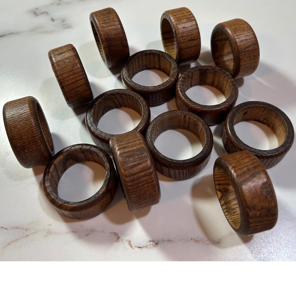 Vintage Dark Wood Napkin Rings Set of 13 Rustic Oak Finish Round Table Decor